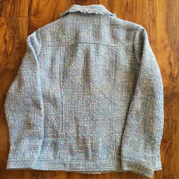 Womens Tweed Button Front Jacket Coat Blue Multi Fringe Trim Textured Chic Sm-M - Picture 3 of 10